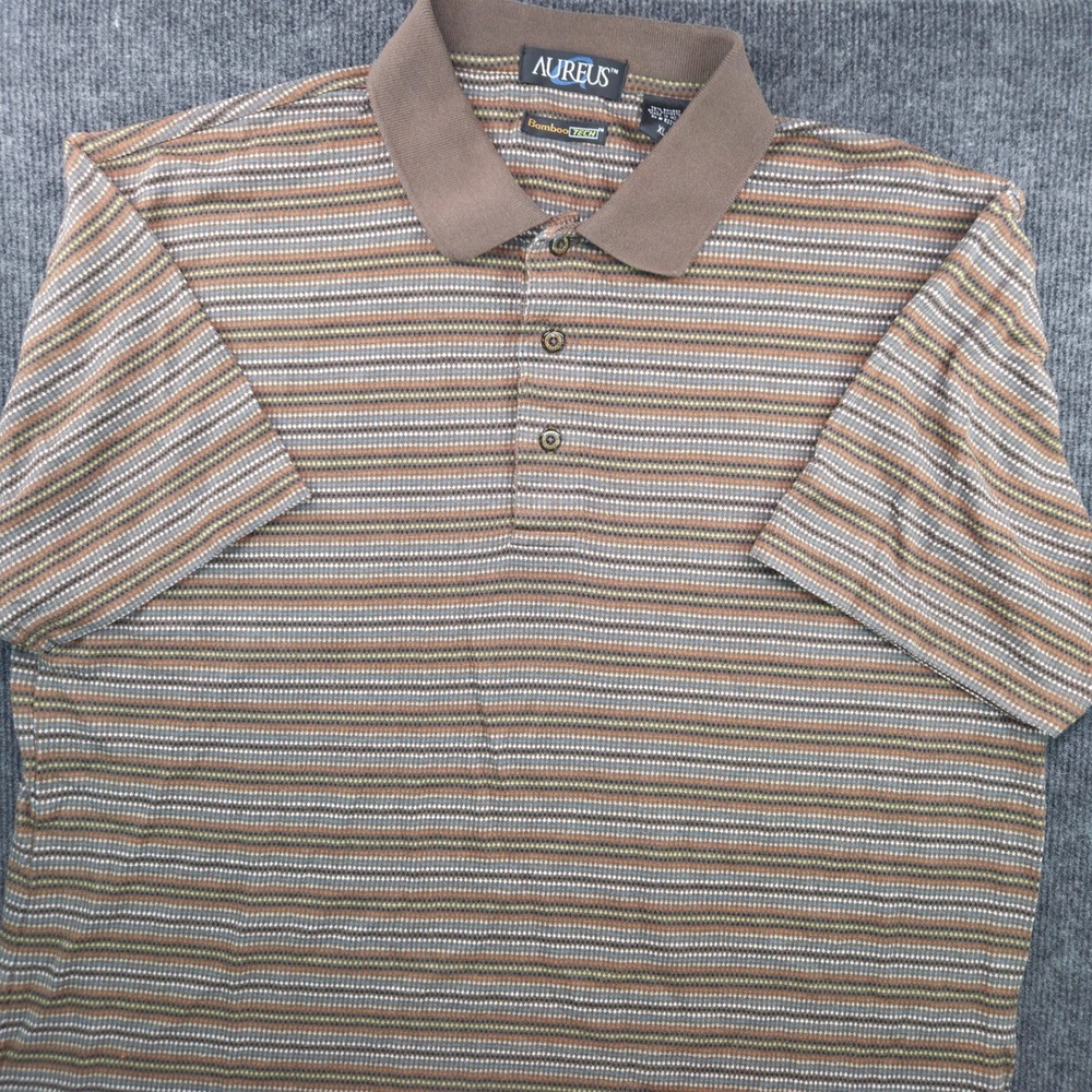 Aureus Bamboo Tech Polo Shirt Mens XL Espresso Brown Striped Short Sleeve